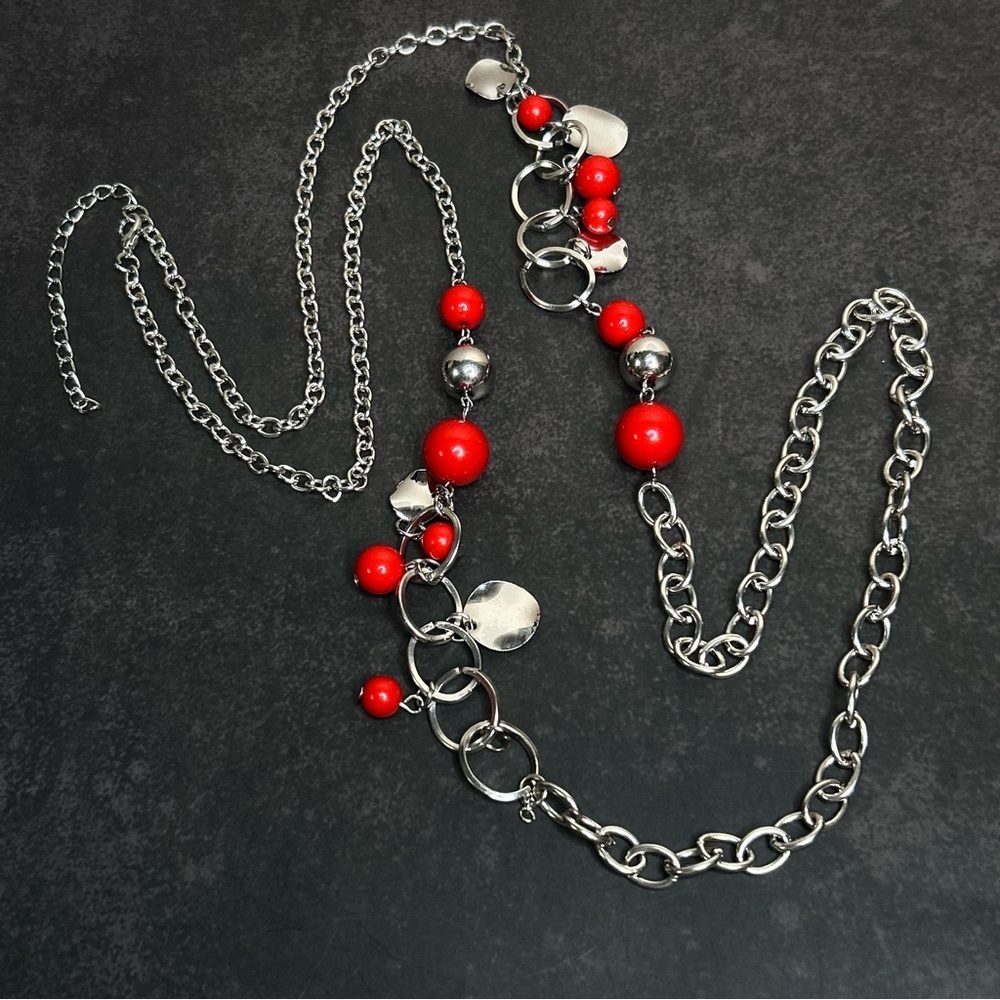 Silver Tone and Red Beaded Long Necklace